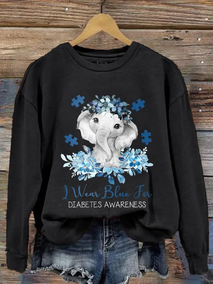 Women's I Wear Blue For Diabetes Awareness Elephant Flower Tree Print Sweatshirt