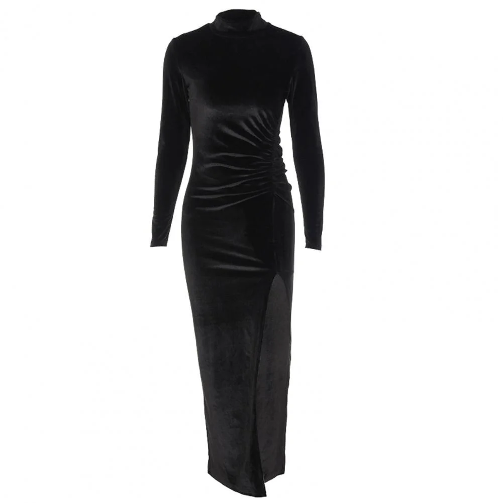 Dress Long Sleeve Turtleneck Side Split Velvet Dresses Ladies Party Fashion Bodycon Dress Evening Party Drew ss robe vestido