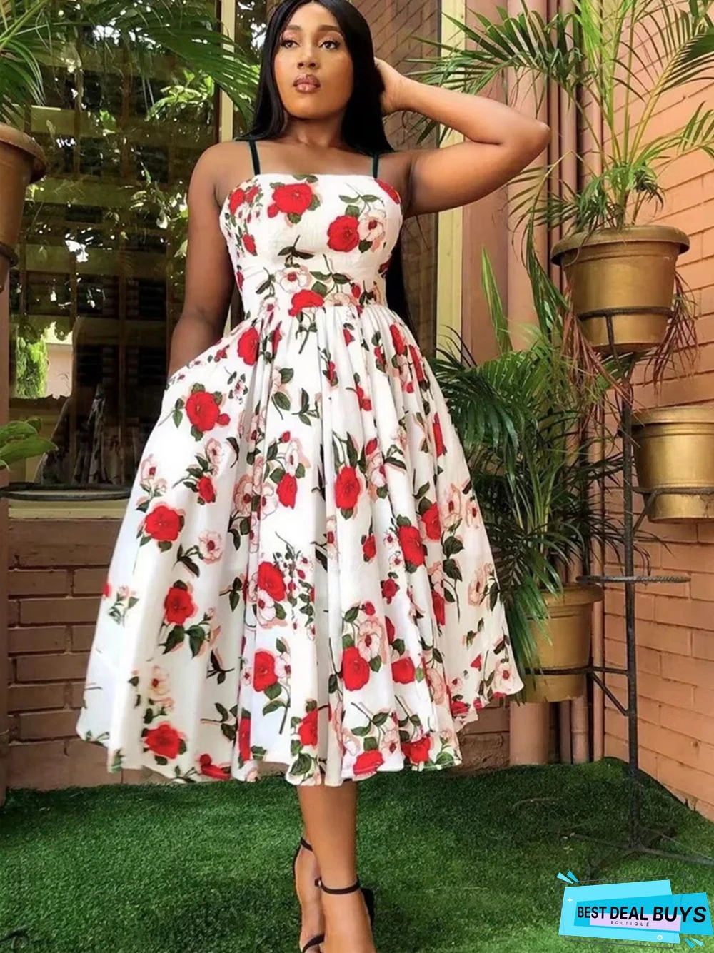 Flower Print Pleated Skirt Sexy Women's Dress