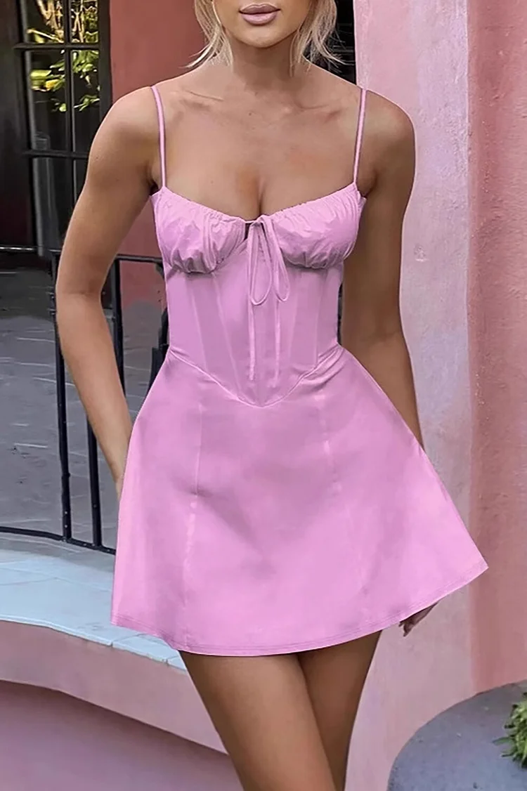Front Tie Up Corset Design Solid Color A-Line Slip Mini Dresses-Yellow