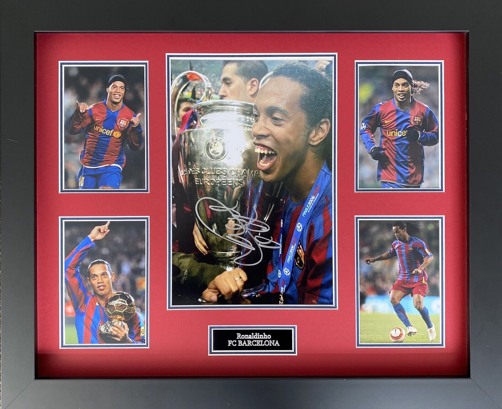 Ronaldinho Genuine Hand Signed Barcelona Photo Poster painting In 20x16 Frame Display, See Proof