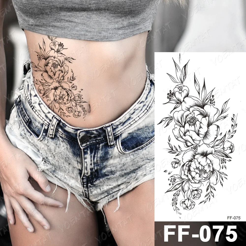 Waterproof Temporary Tattoo Stickers Peony Rose Flower Gun Flash Tattoos Female Black Sketch Body Art Arm Sexy Fake Tatto Male