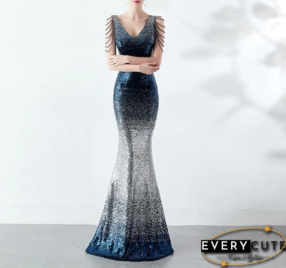 6 Colors Sexy Sequined Evening Party Gowns Women's Deep V Neck Floor-length Cocktail Dress Slim Mermaid Prom Dresses