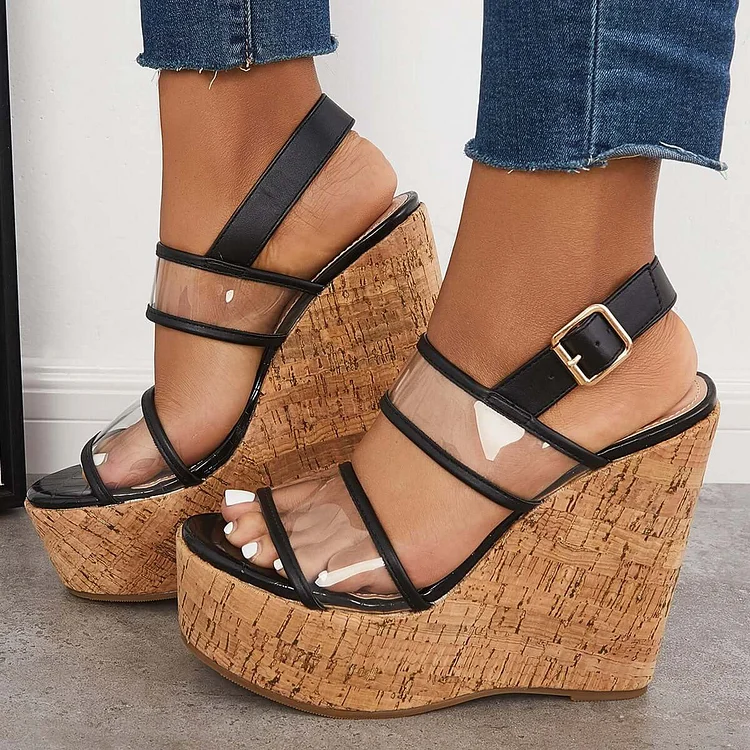 Clear Cork Platform Wedges High Heel Ankle Strap Sandals