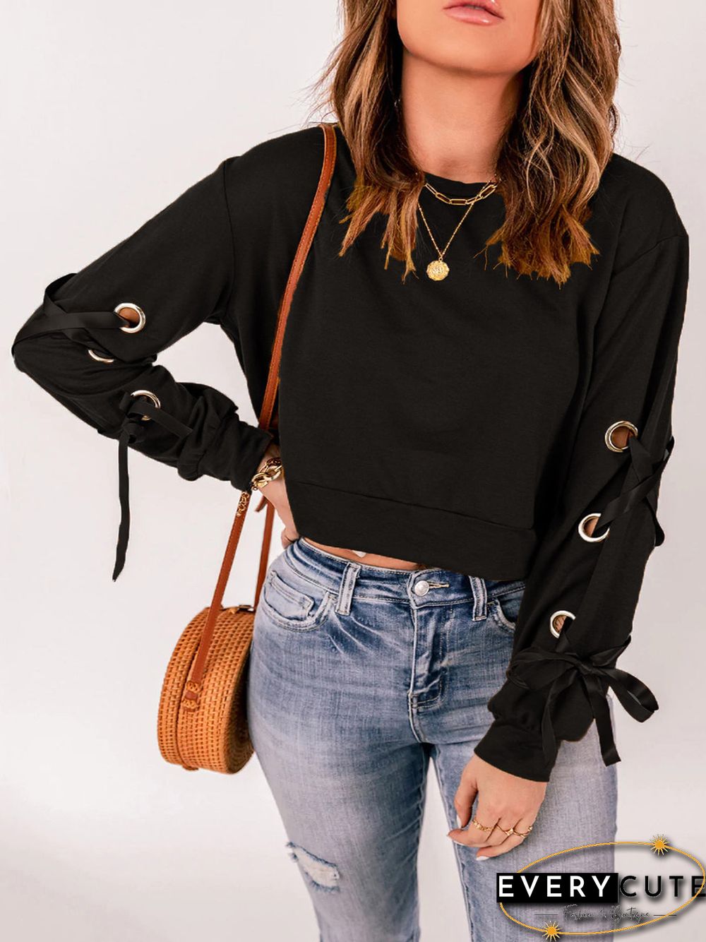 Women'S T-Shirts Crew Neck Hollow Tie Long Sleeve T-Shirt
