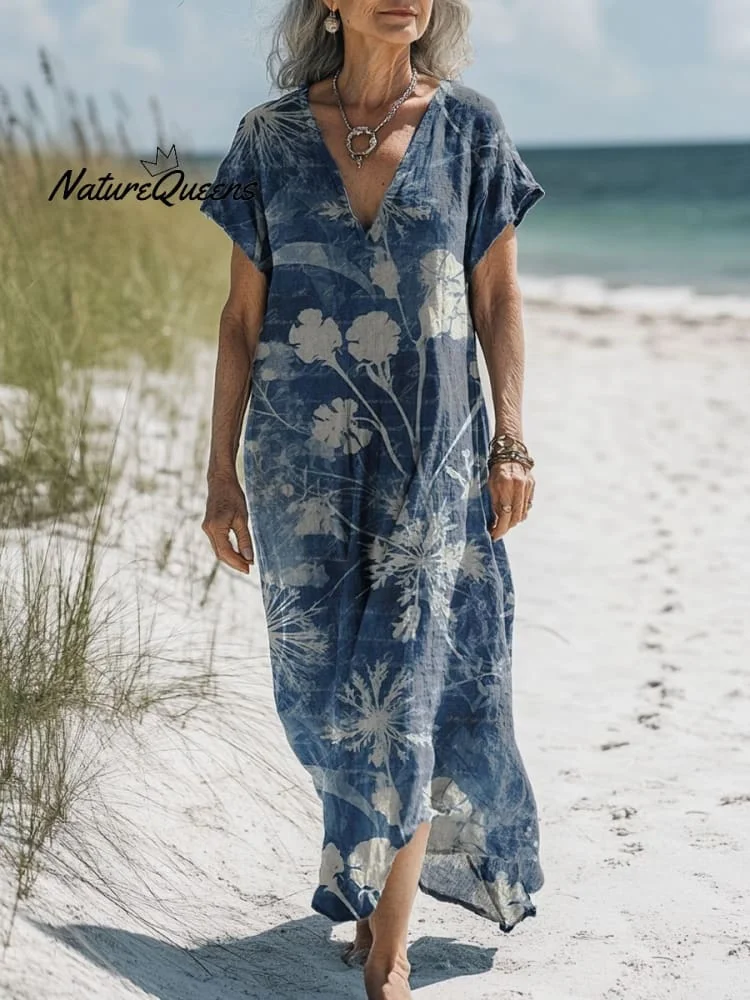 Women's Vintage Colorful Flower Art Print Pocket Cotton Dress