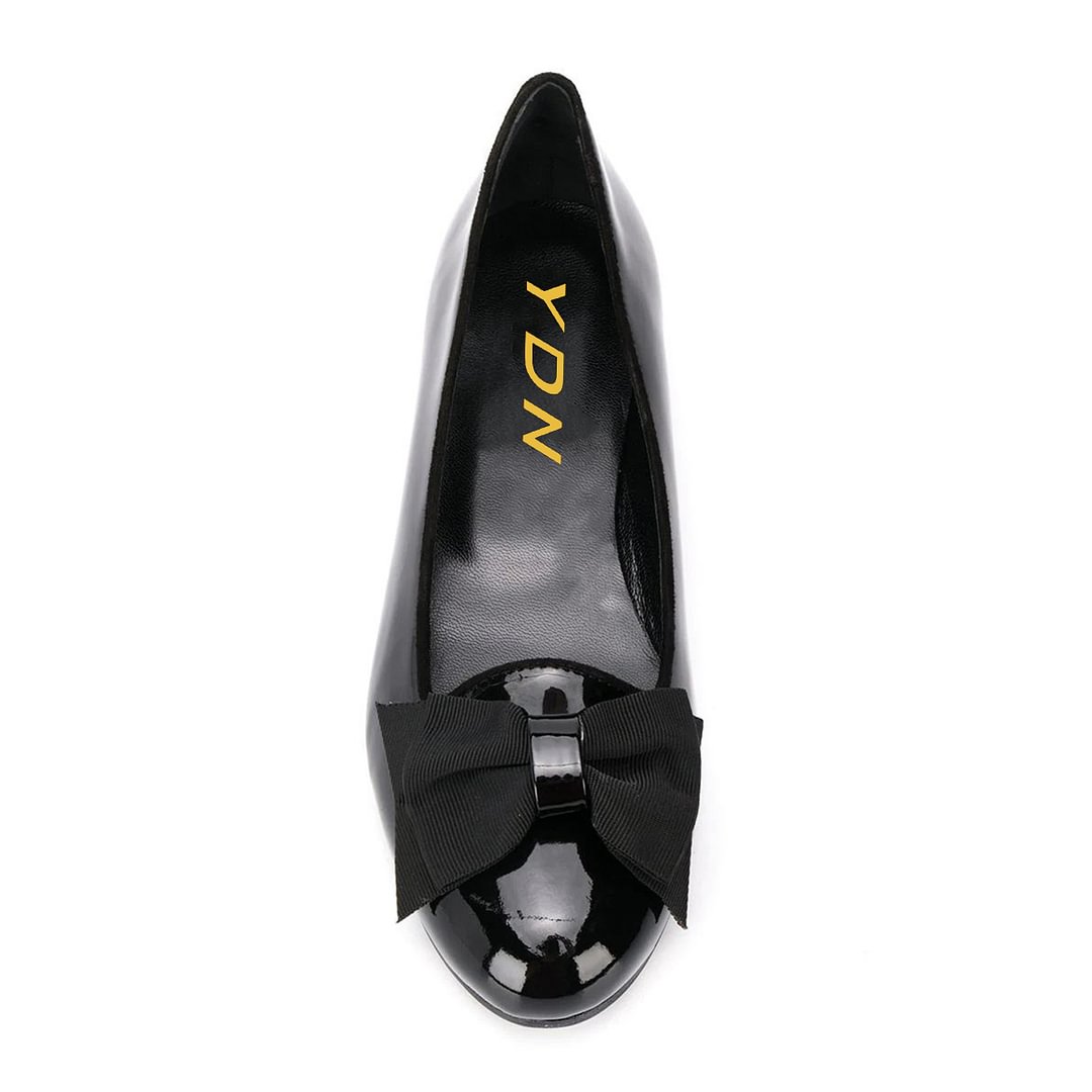 Black Patent Leather Round Toe Slip On Ballet Flats with Bow