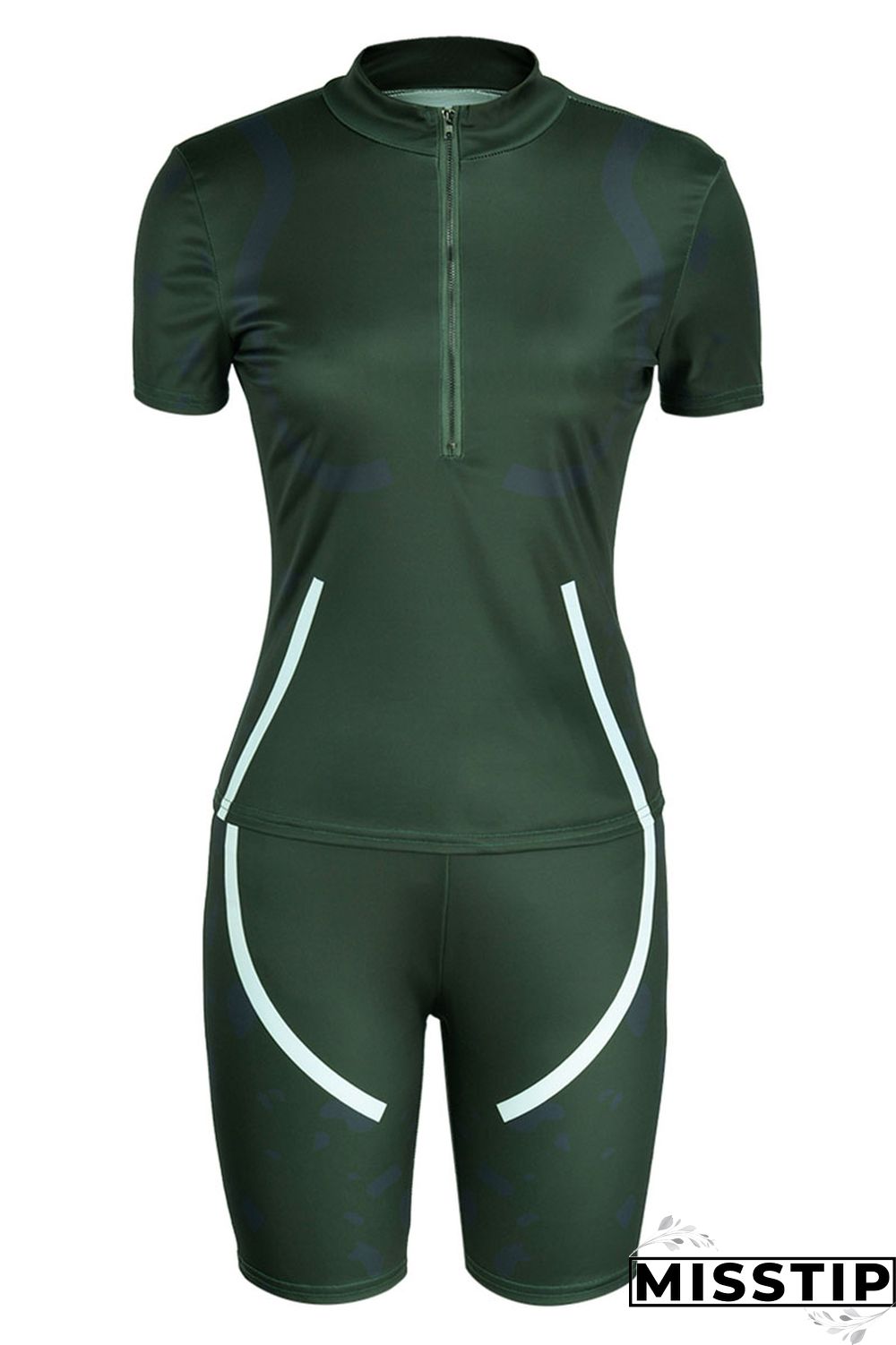 Army Green Casual Print Patchwork O Neck Short Sleeve Two Pieces