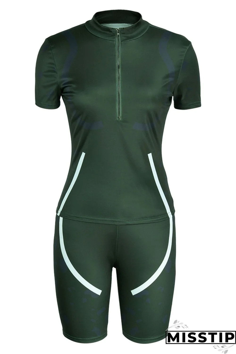 Army Green Casual Print Patchwork O Neck Short Sleeve Two Pieces