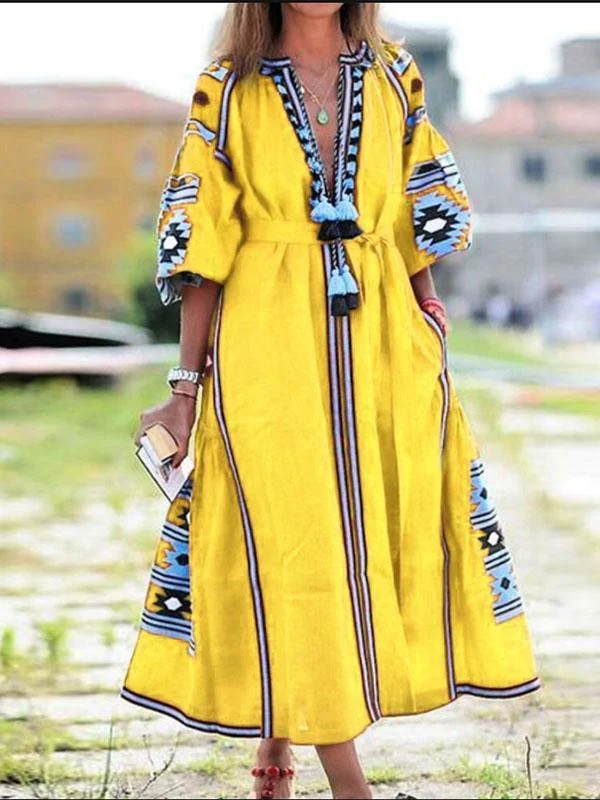 Women's Boho Printed Embroidered V-Neck Long Dress-Mayoulove