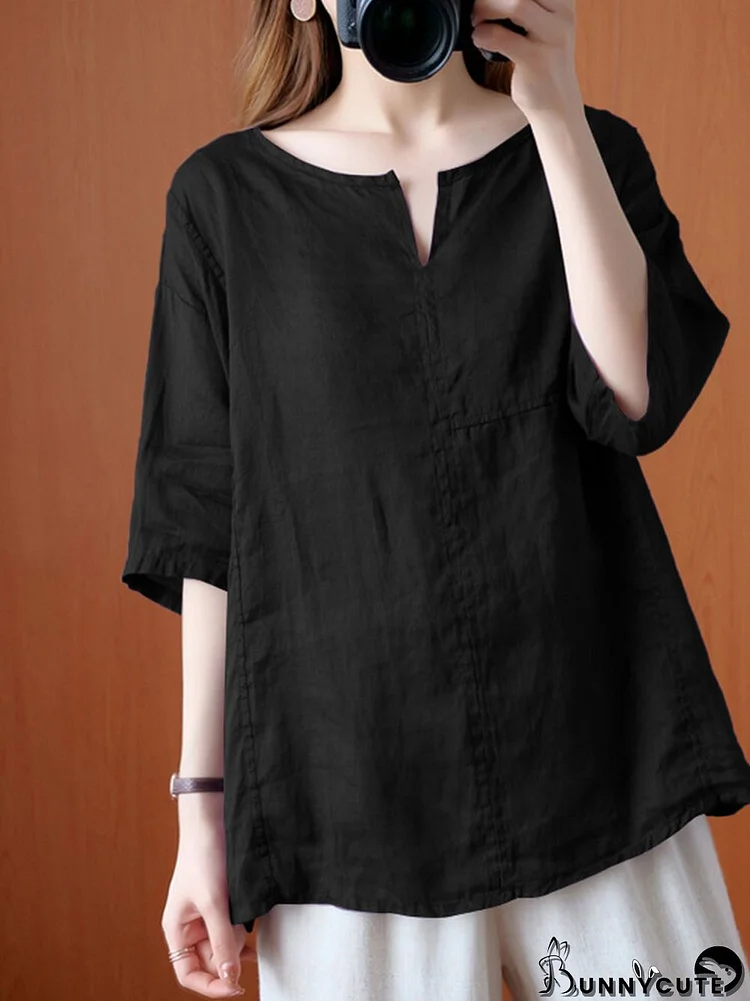 Solid V Neck Half Sleeve Casual Cotton Blouse