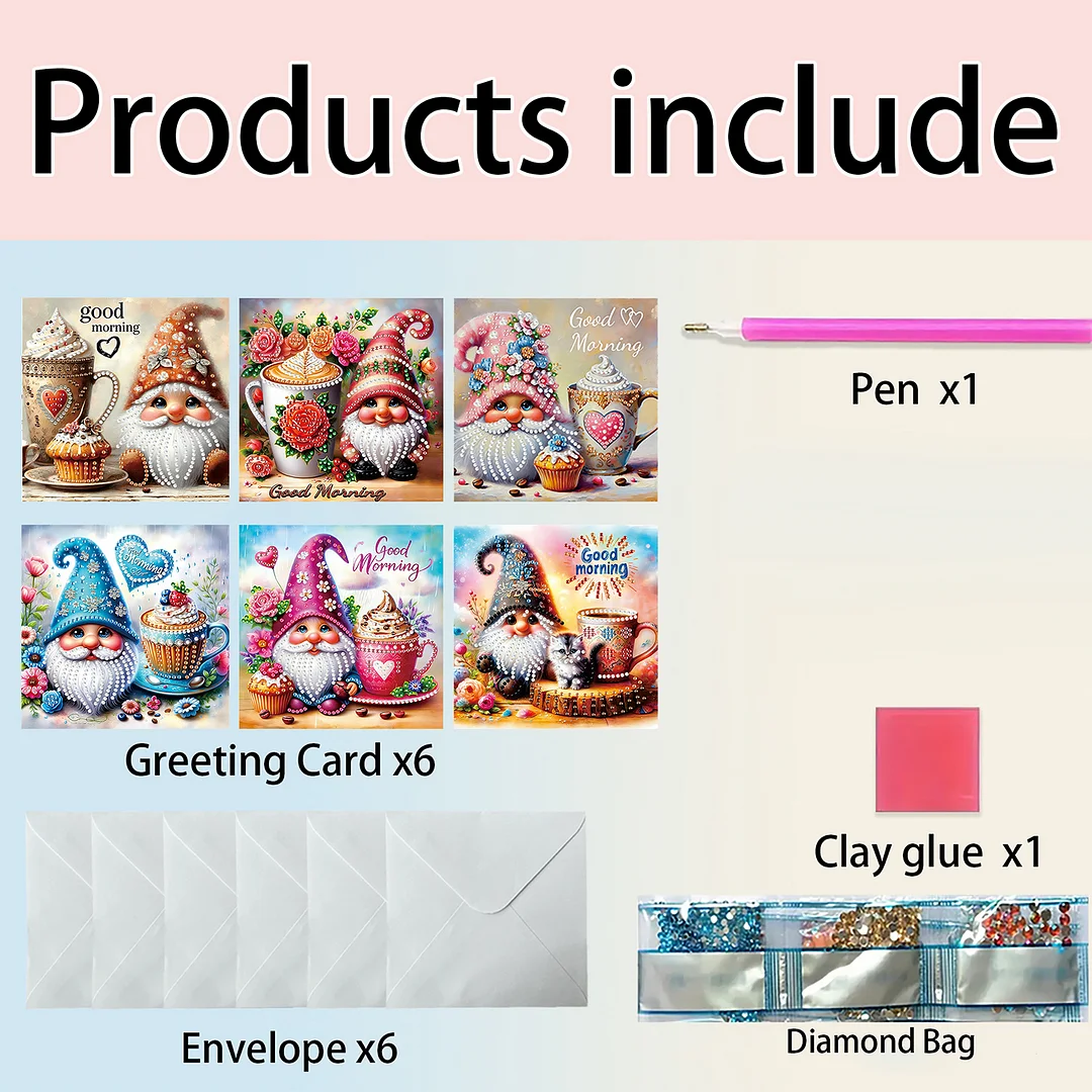 6pcs Good Morning Goblin DIY Diamond Painting Kit Greeting Card with Envelope Diamond Art Painting Greeting Cards for Family Friends Holiday Gift Congratulations