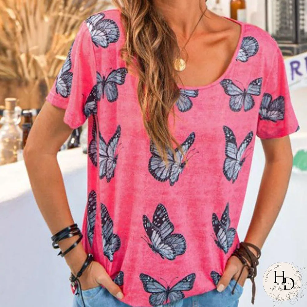 Vintage Butterfly Pattern Women Pink T-Shirt