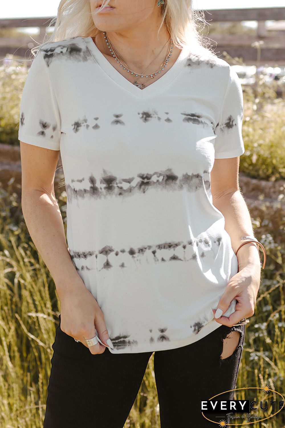 Grey V Neck Tie-dye Tee