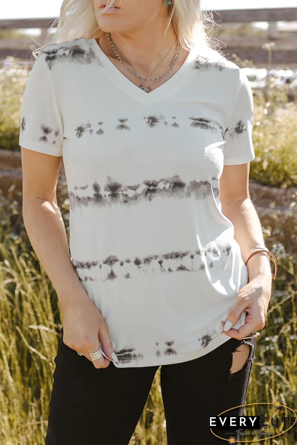 Grey V Neck Tie-dye Tee