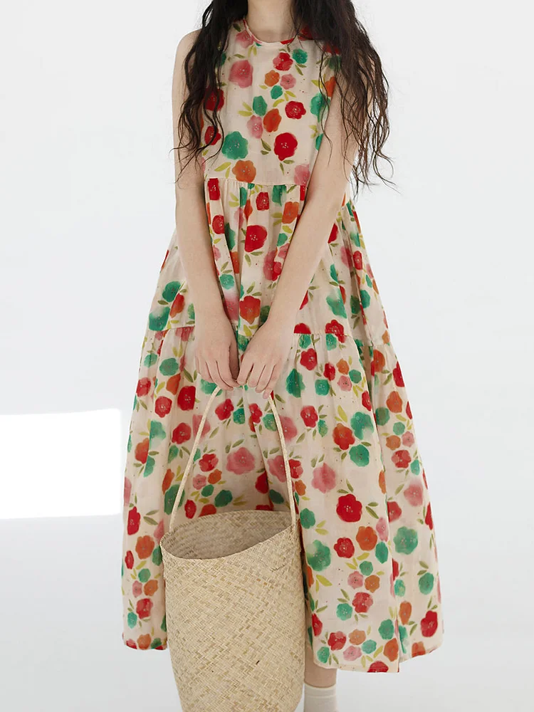 Women Summer Cute Flower Spliced Pleat O-Neck Vest Dress