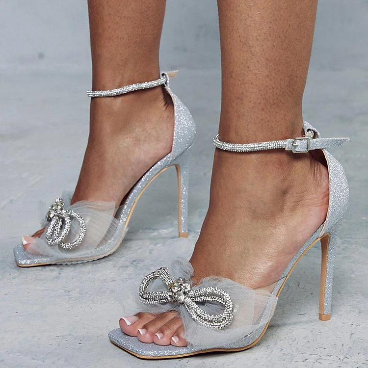 Silver Ankle Strap Stiletto Sandals Women's Glitter Bow Shoes Heels |FSJ Shoes