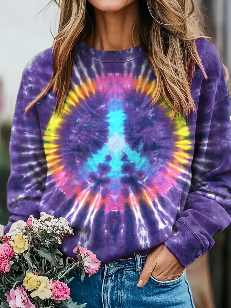 Women's Tie-Dye Hippie Peace Print Casual Crew Neck Sweatshirt