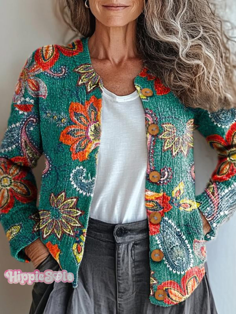 Women’s Boho Colorful Floral Art Print Casual Button Cardigan Sweater Multicolor / S