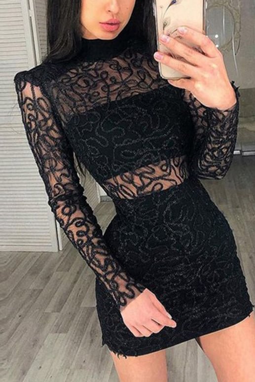 Black Lace Turtleneck See Through Bodycon Dress - Shop Trendy Women's Clothing | LoverChic