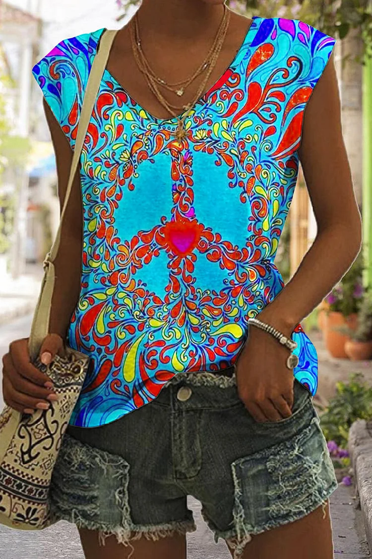 🔥kukelife🔥Hippie Psychedelic Starts Checkerboard Mosaic Art Pattern V-Neck Tank Top