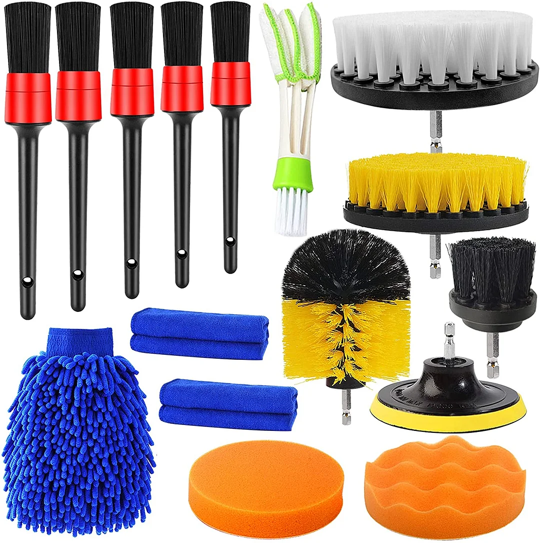 TTCR-II 16 Pcs Car Wheel/Tyre Cleaner and Drill Brush Set, Detailing Brush,  Dashboard Mini Duster, Microfiber Mit and Towel, Sponge Polishing Pad,  Thread Backing Pad, Drill Power Scrubber Brushes