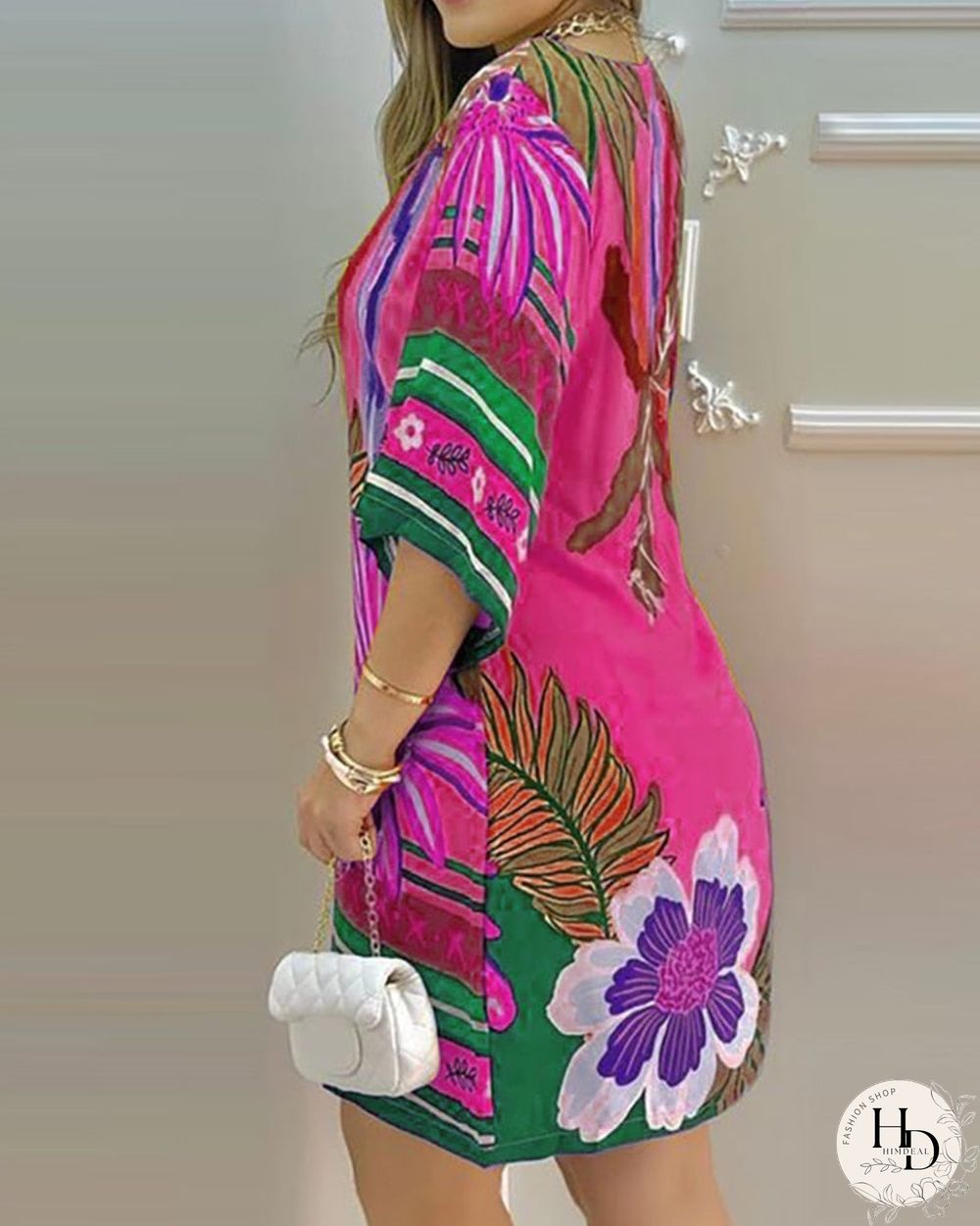 Summer Women's Mini Tropical Print Half Sleeve Casual Dress Round Neck Chic