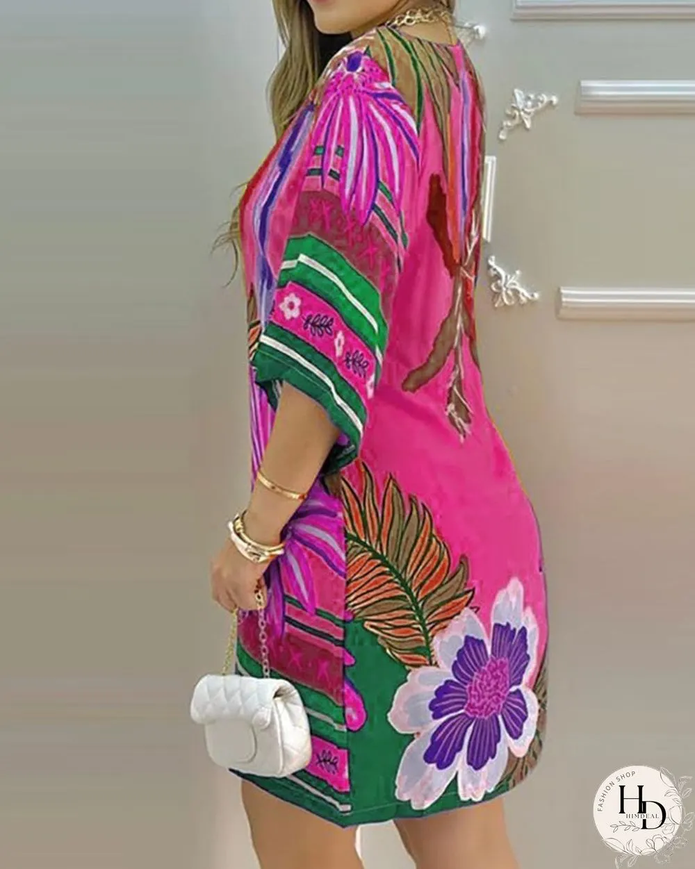 Summer Women's Mini Tropical Print Half Sleeve Casual Dress Round Neck Chic
