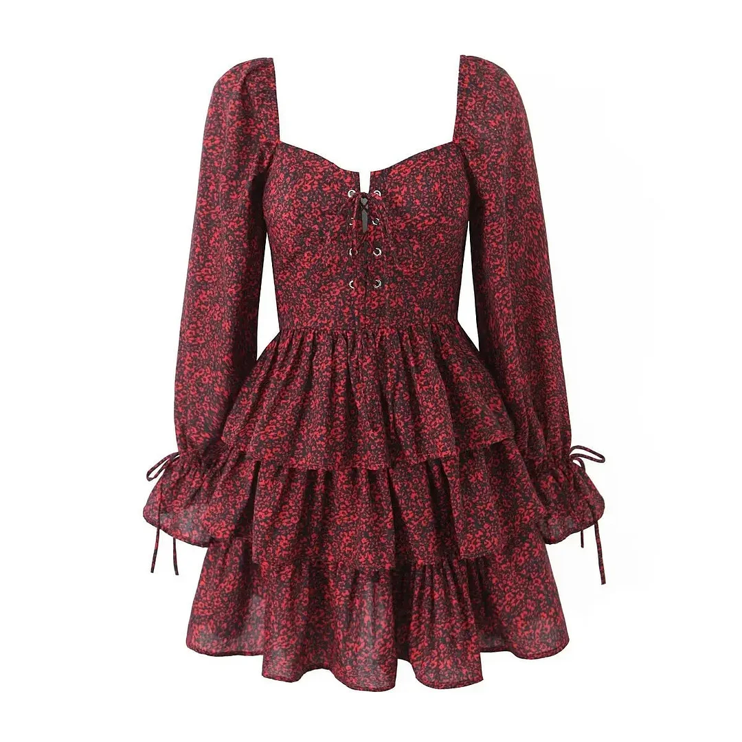 Tlbang 2024 Women Front Lacing Up Wine Red Floral Print Dress Vintage Puff Sleeve Layered Ruffle Hem Cake Mini Dress Holiday