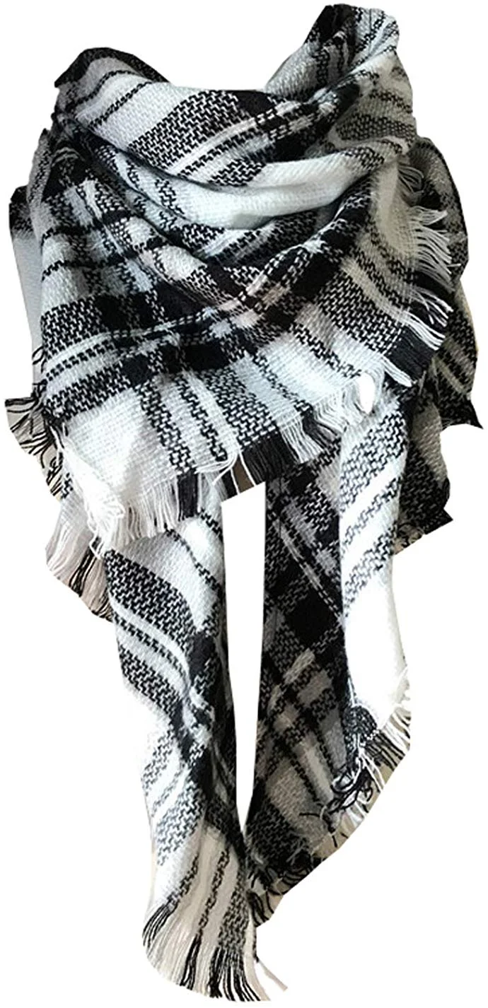 Womens Warm Long Shawl Wraps Large Scarves Knit Cashmere Feel Plaid Triangle Scarf