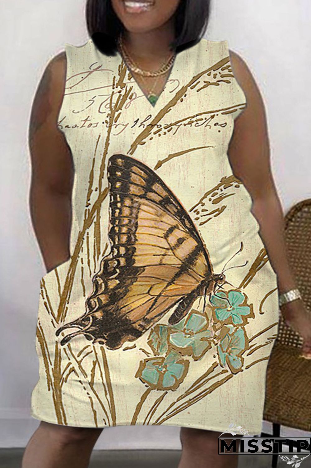 Green Fashion Casual Print Patchwork V Neck Sleeveless Plus Size Dress