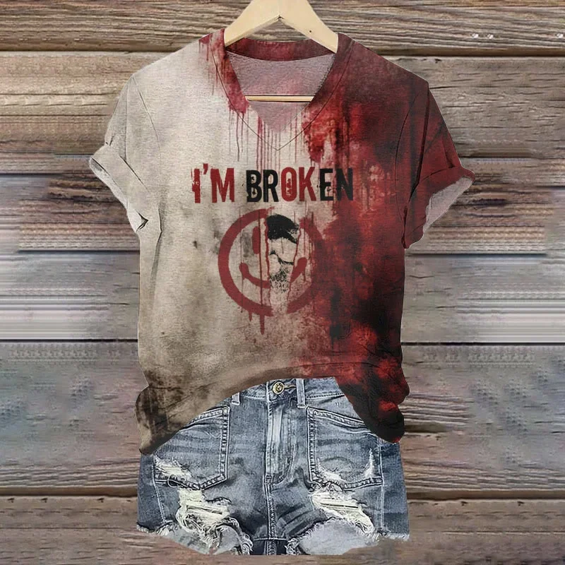 I'm Broken Halloween Bloody Skull Smiley Face V-neck T-shirt