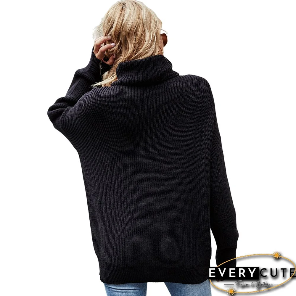 Solid Black High Collor Loose Style Pullover