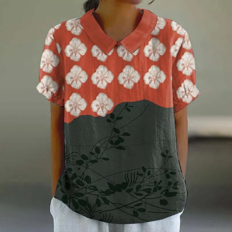 Japanese Art Flower Print Lapel Casual Blouse