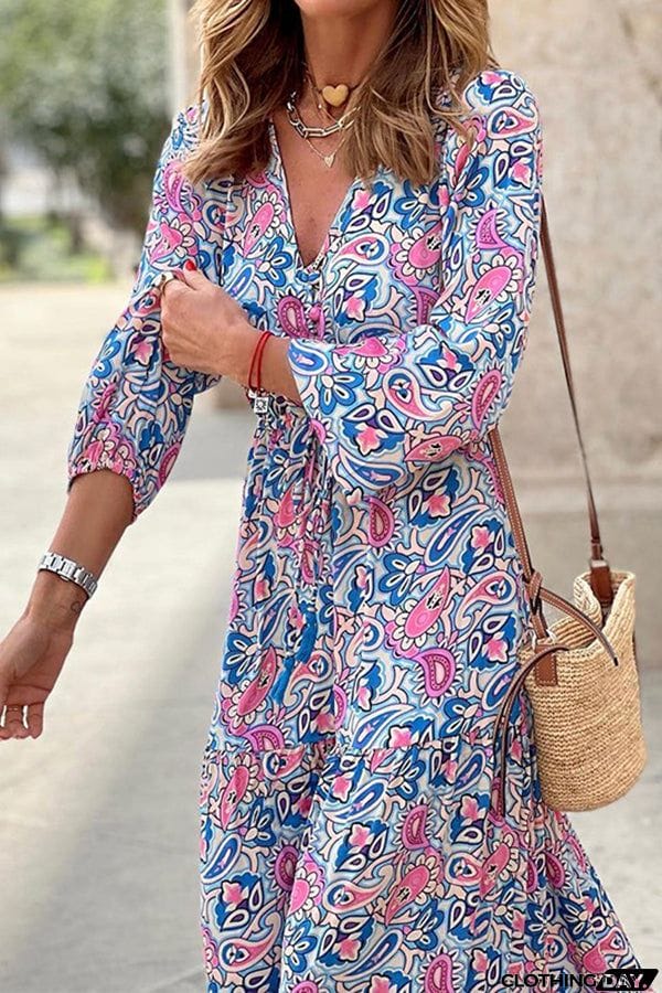 Boho Paisley V Neck Long Sleeve Maxi Dress