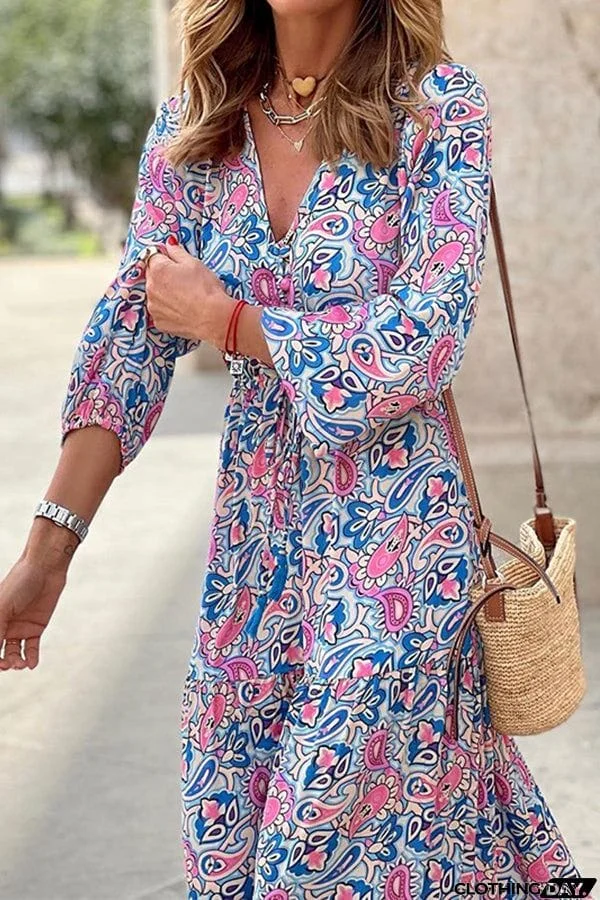 Boho Paisley V Neck Long Sleeve Maxi Dress