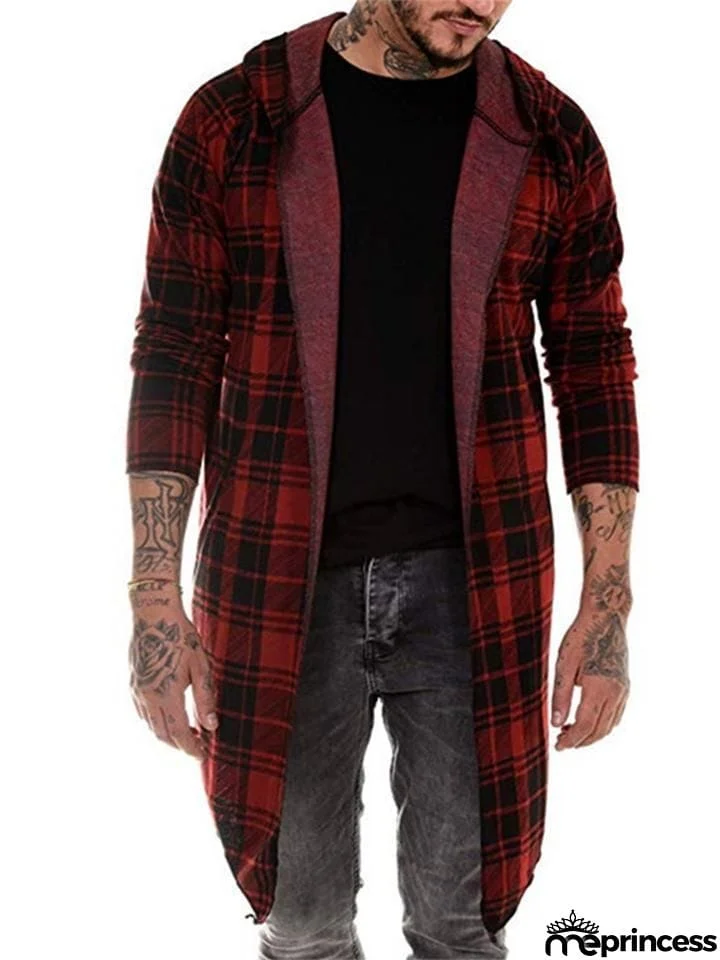 Men's Plaid Fashion Casual Hooded Mid-Length Simple Coat