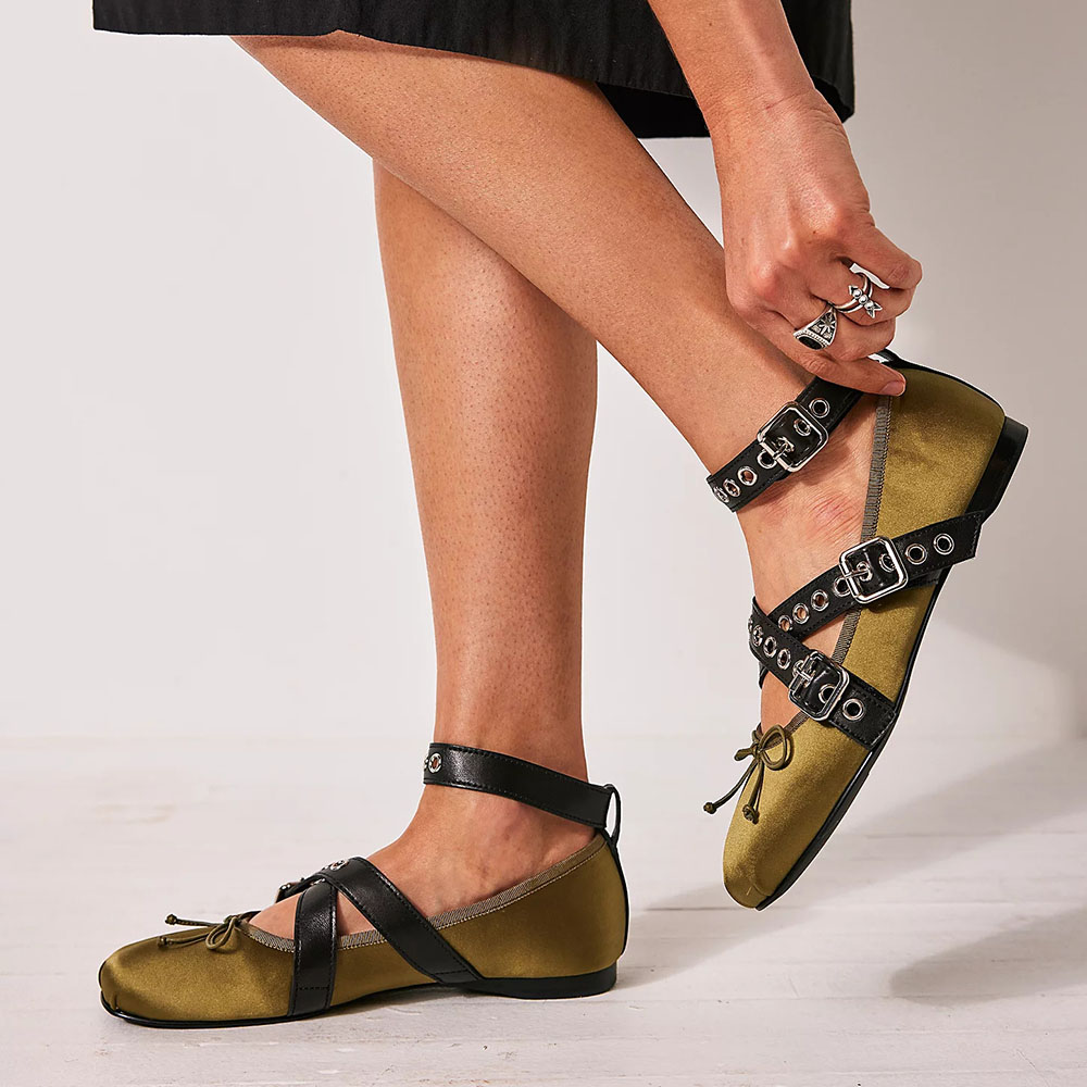 Olive Satin Square Toe Buckle Strap Ballet Flats with Bow Decor Nicepairs