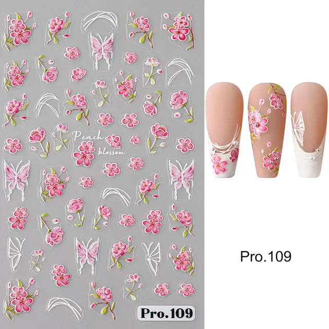 Bonusbad 5D Purple Flower Nail Embossed Sticker Rose Blossom Floral Love Heart Adhesive Decal Valentine's Manicure Slider DIY Accessories