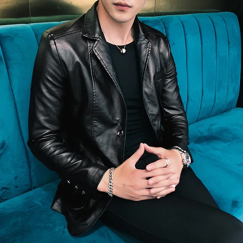 Men's slim fit PU leather jacket, business jackets, casual jackets, classic suit, collar, spring, autumn, new