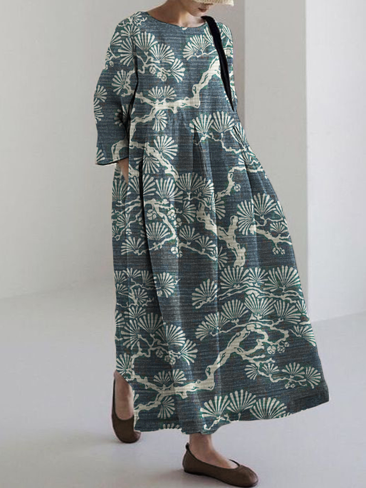 Comstylish Pine Trees Japanese Lino Art Linen Blend Maxi Dress