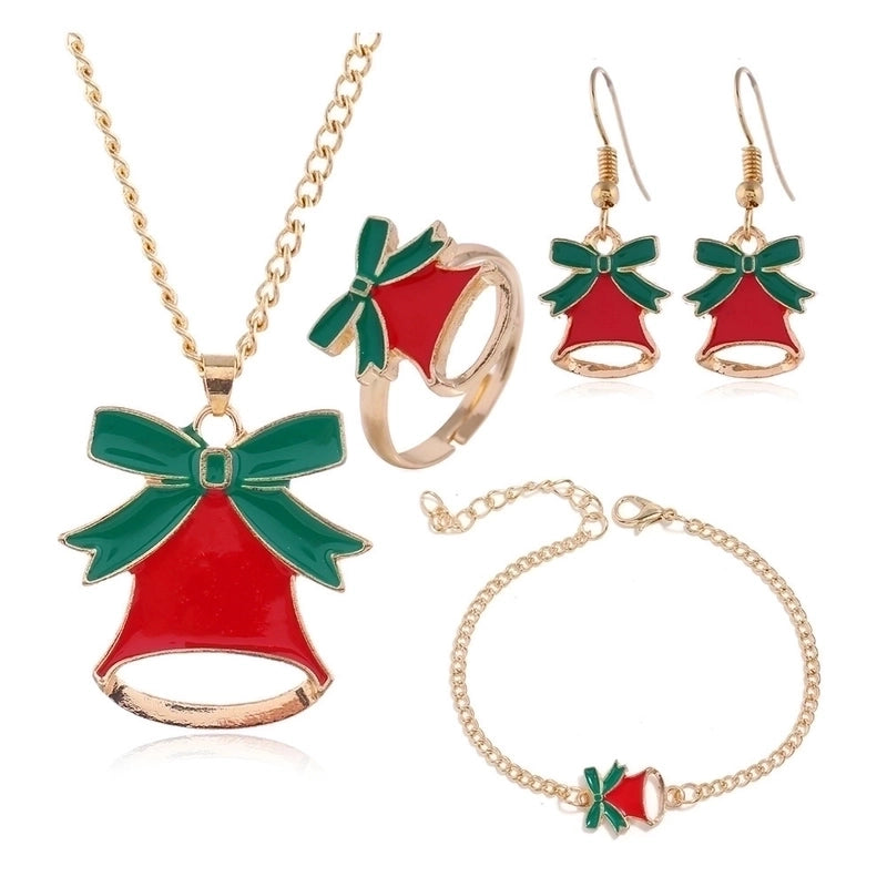 Christmas Series Earrings Necklace Bracelet Ring Set Santa Elk Bell Gift Jewelry