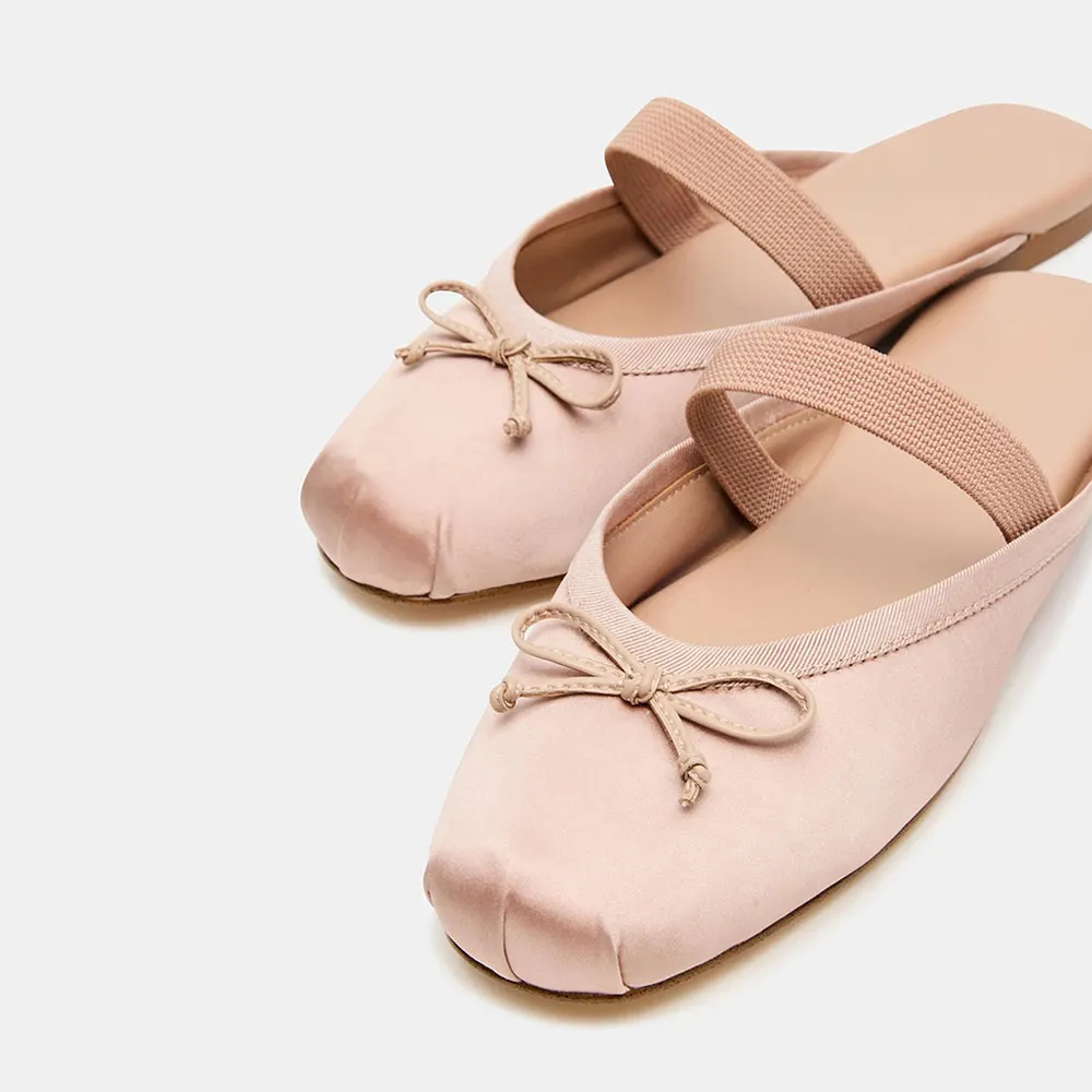 Pink Satin Closed Toe Bow Elastic Straps Slip On Mules Shoes