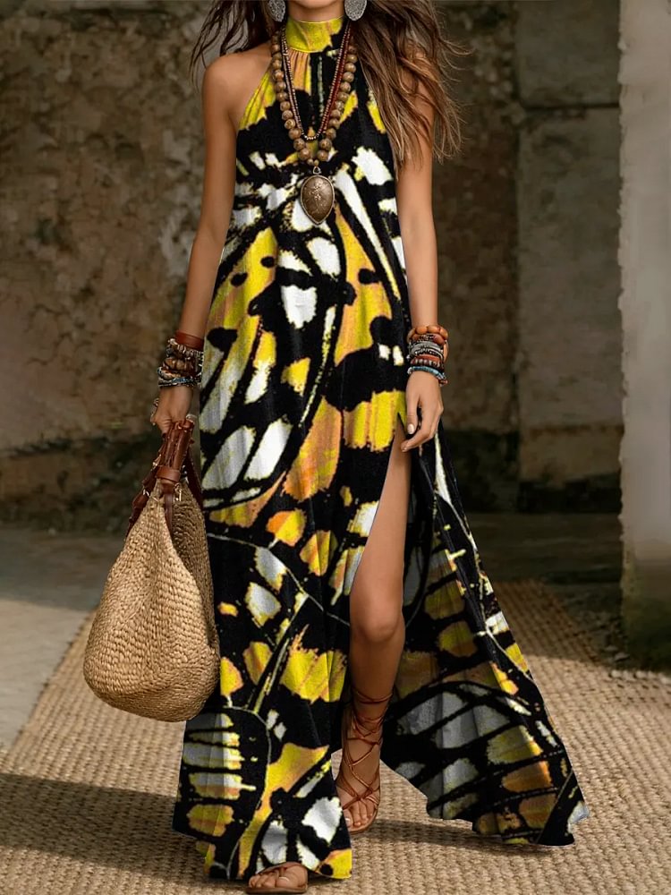 Women's Retro Abstract Art Print Sleeveless Stand-collar Maxi Dress