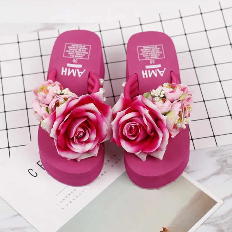 Ladies Handmade Slippers Summer Flip Flop Flowers Decoration Female Flip Flops High Heel EVA Bohemia Beach Sandal Slippers Shoes