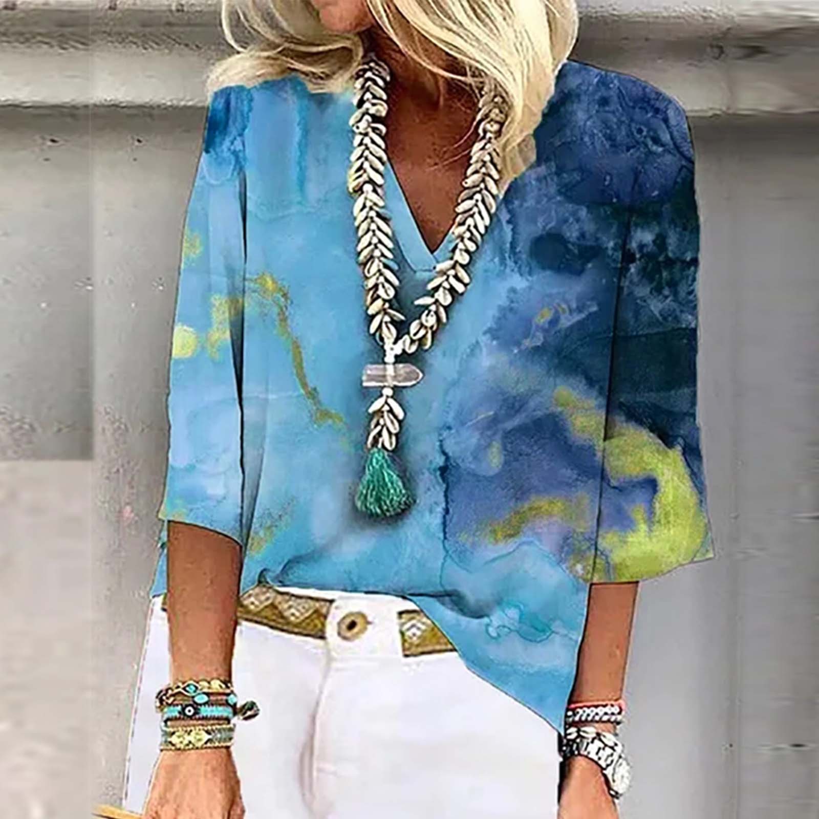 Women V-Neck Half Sleeve Vintage Tie Dye Printed Blouses