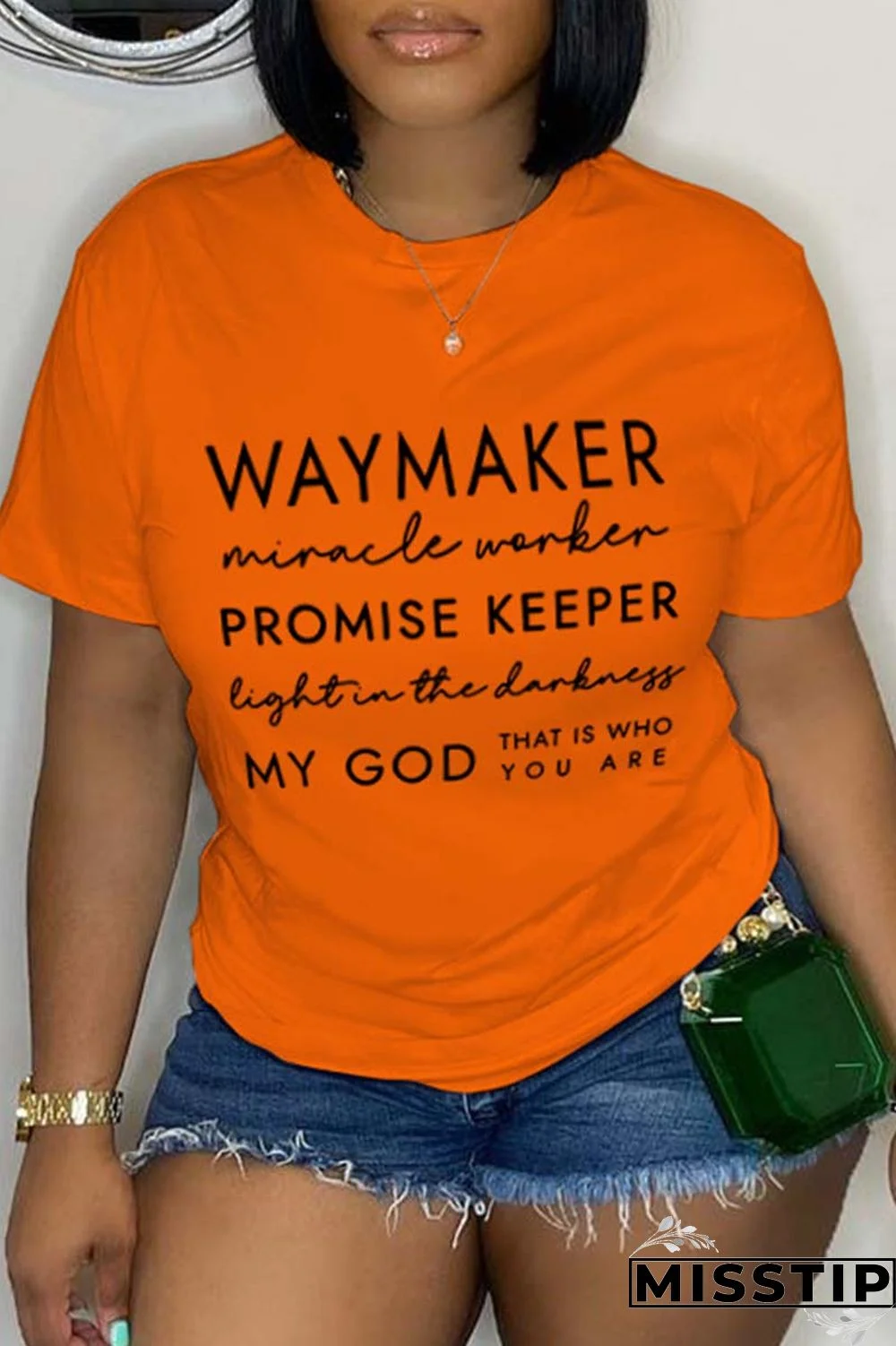 Orange Casual Letter Print Basic O Neck T-Shirts