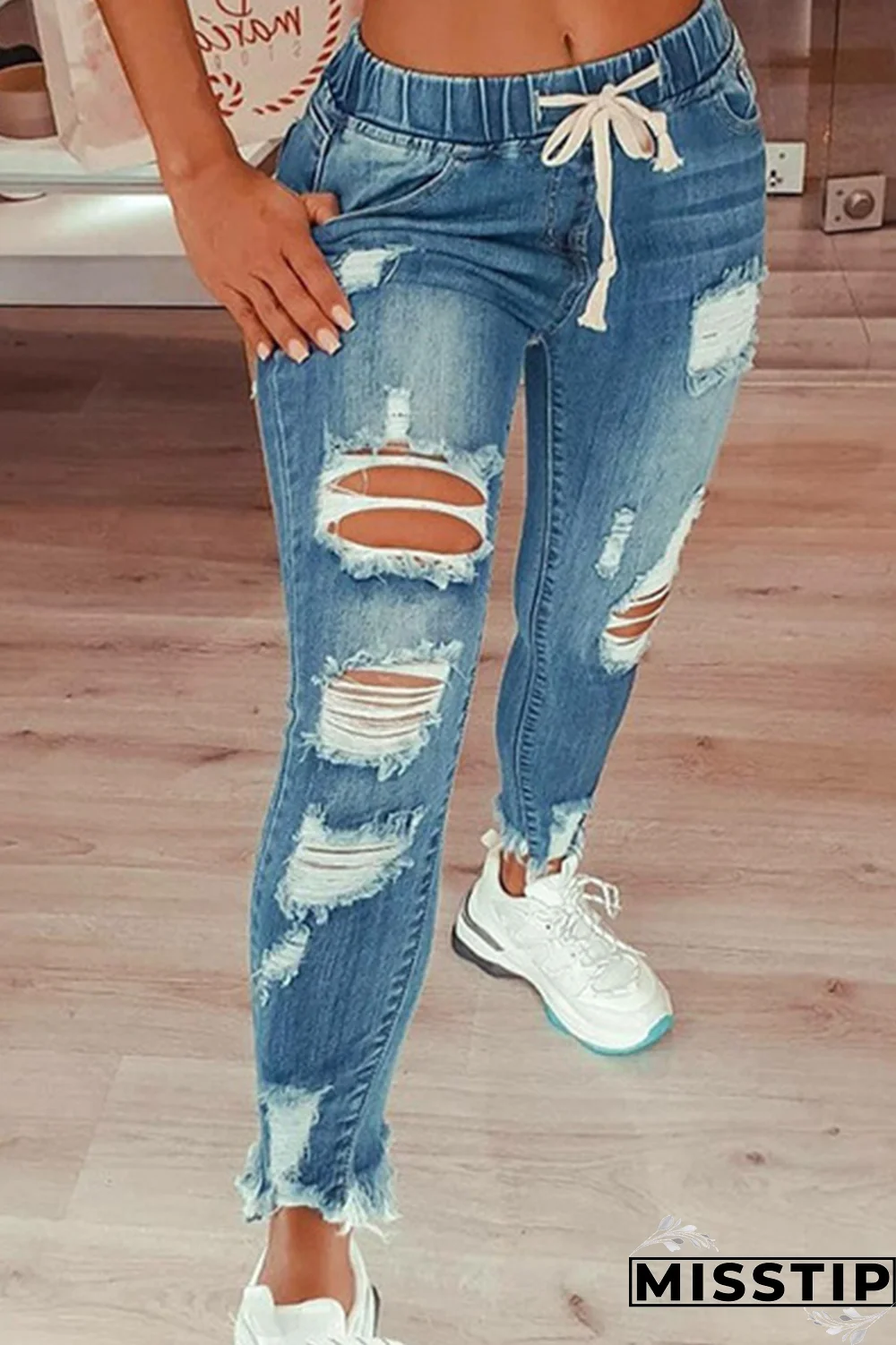 Black Casual Patchwork Ripped High Waist Skinny Denim