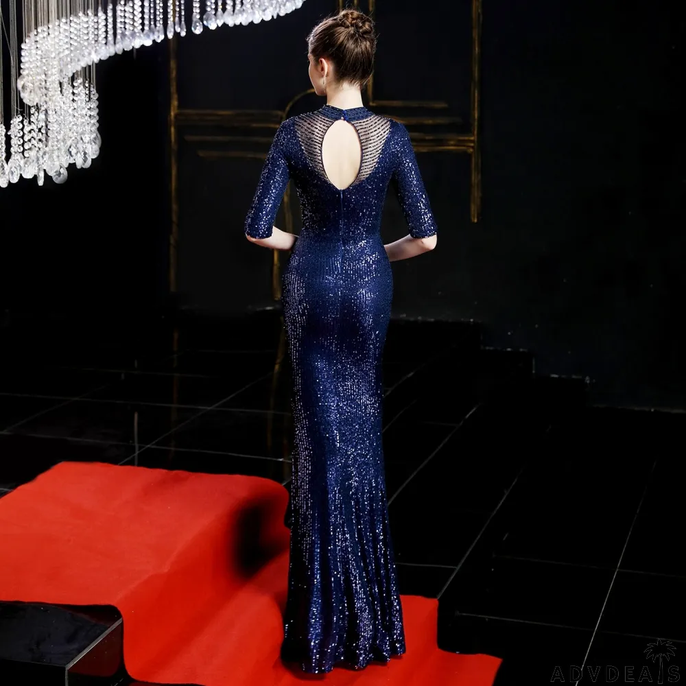 Sequins Half Sleeves Round Neck Evening Dress