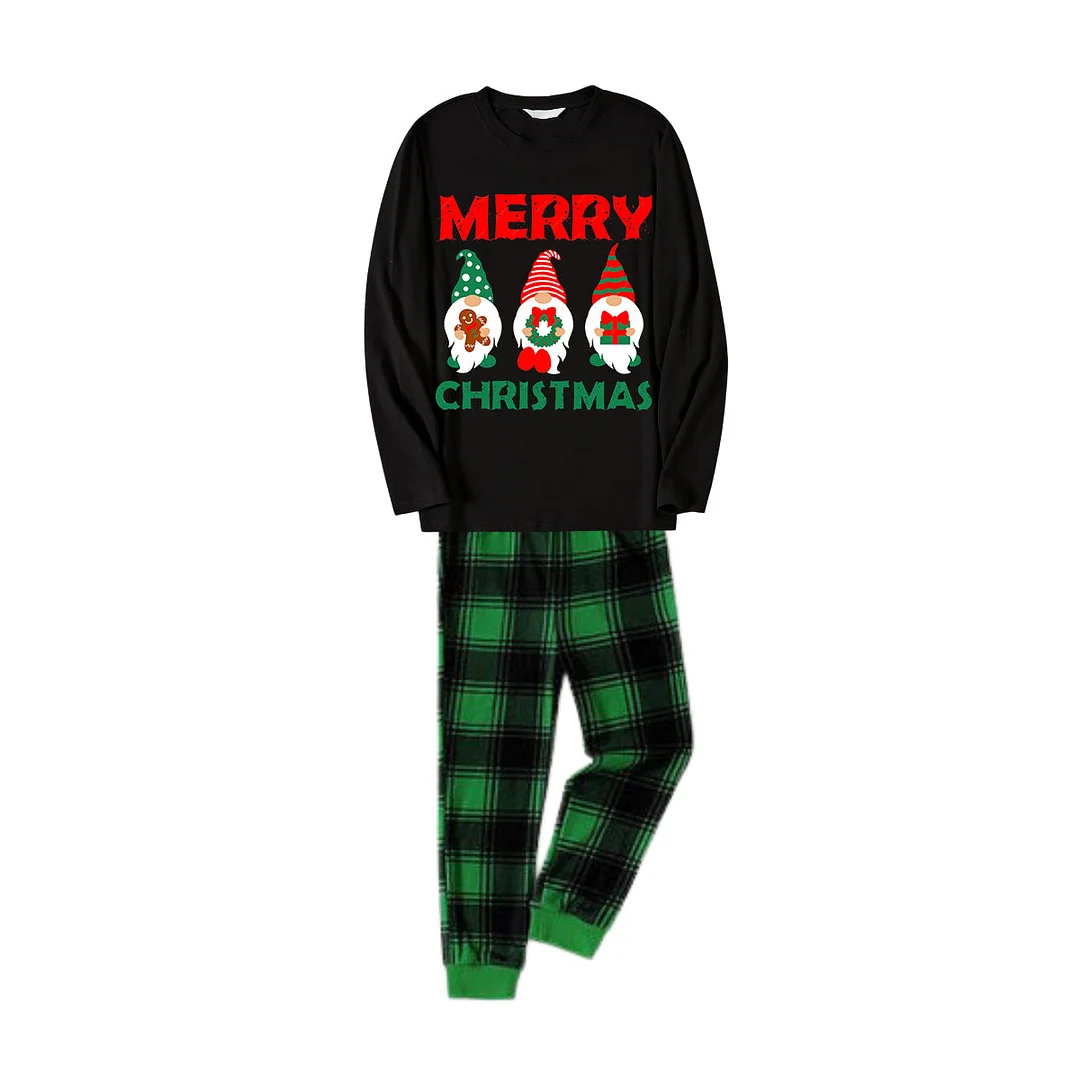 Christmas Elf Pattern Black Long Sleeve Top with Black And Green Plaid Pants Family Matching Pajamas